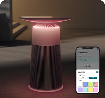 In a dark space, the product is emitting a moody color light. In the lower right corner, you can see the ThinQ app usage environment where you can adjust the color of the light from the product.